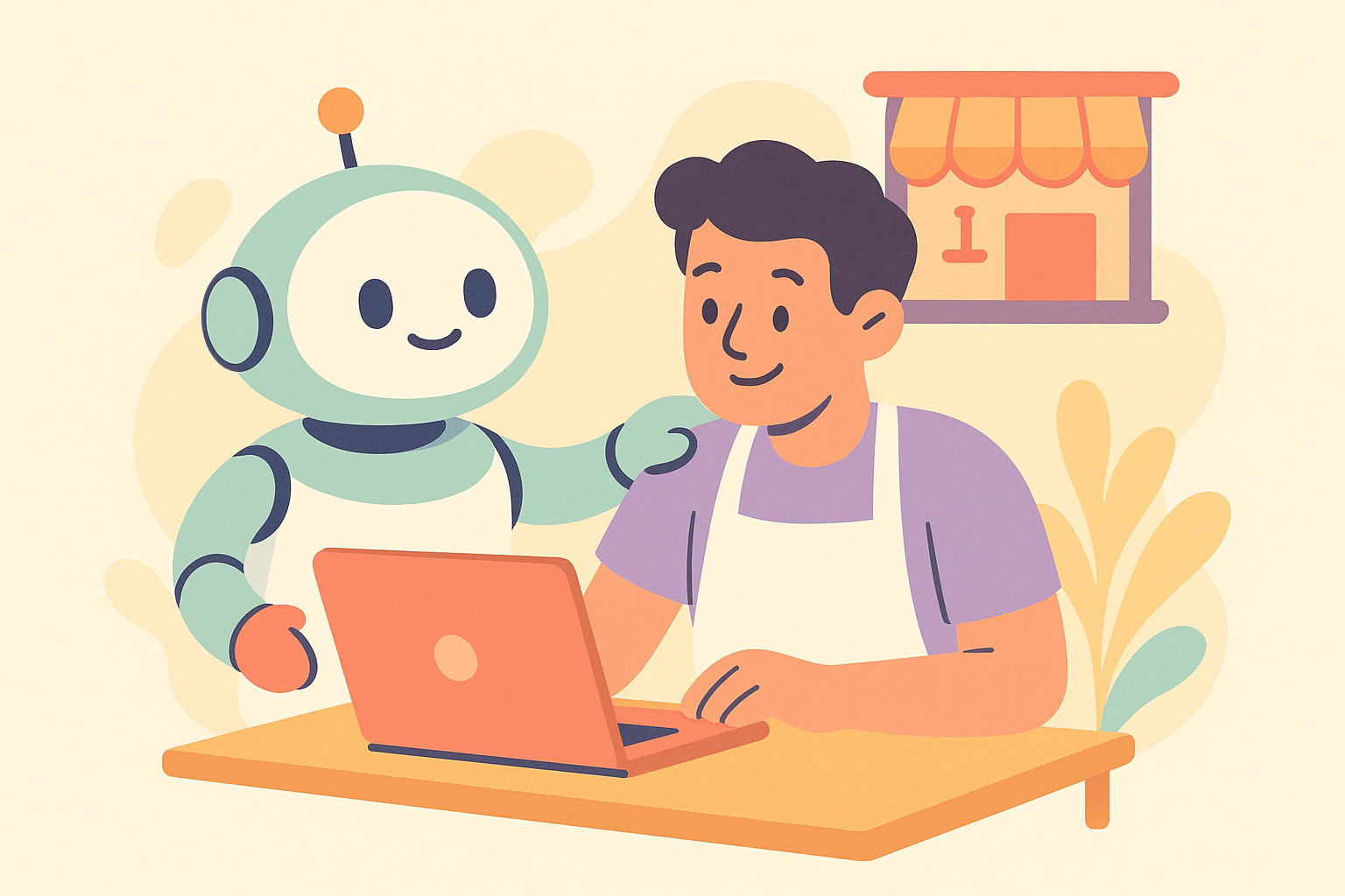 AIバディの相棒ロボットが店主のパソコン作業を手伝っているイラスト